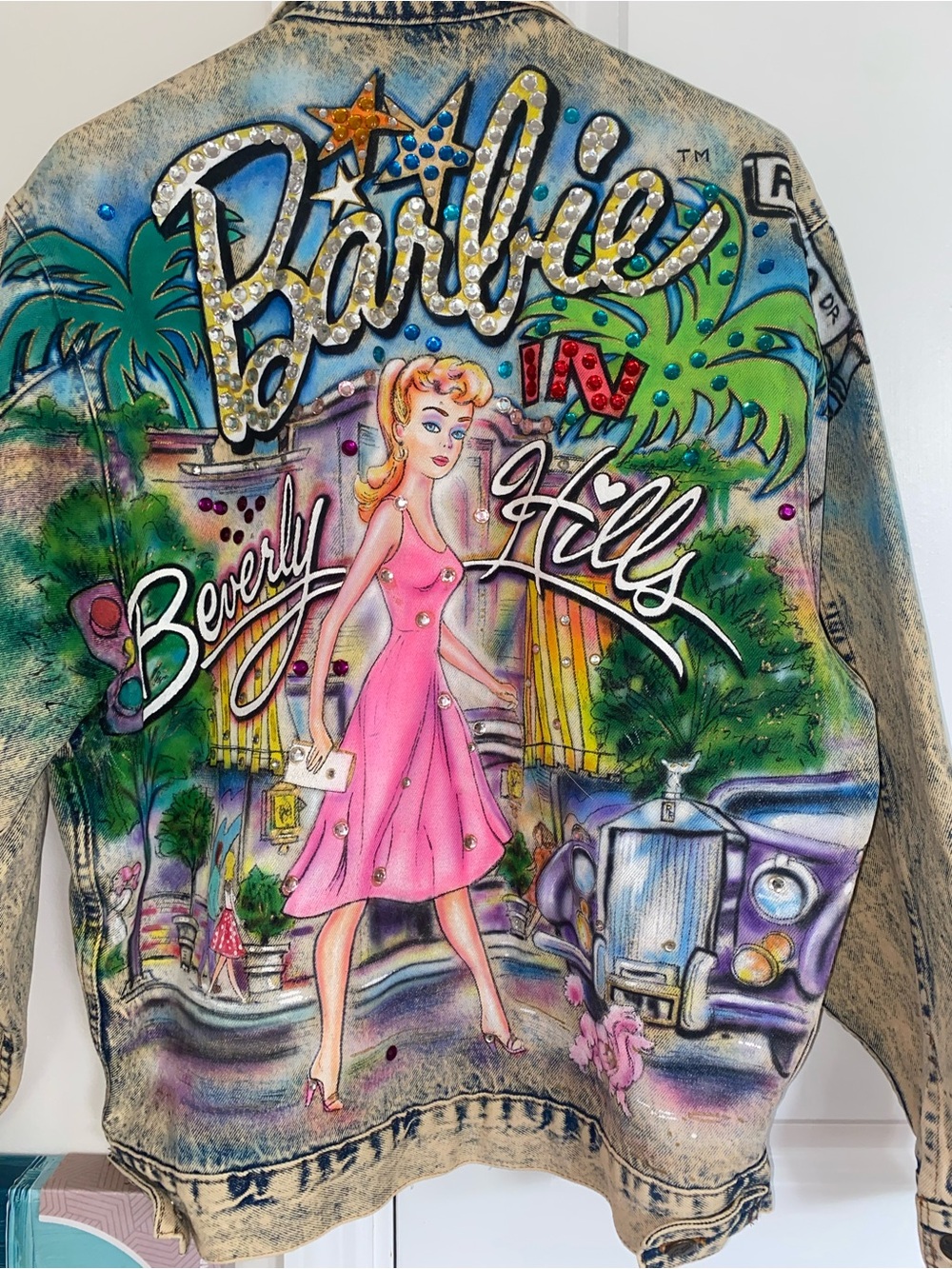 Barbie Pink Multi-Color Hand-Painted Denim Jacket no tags Buttons read Alamo XL